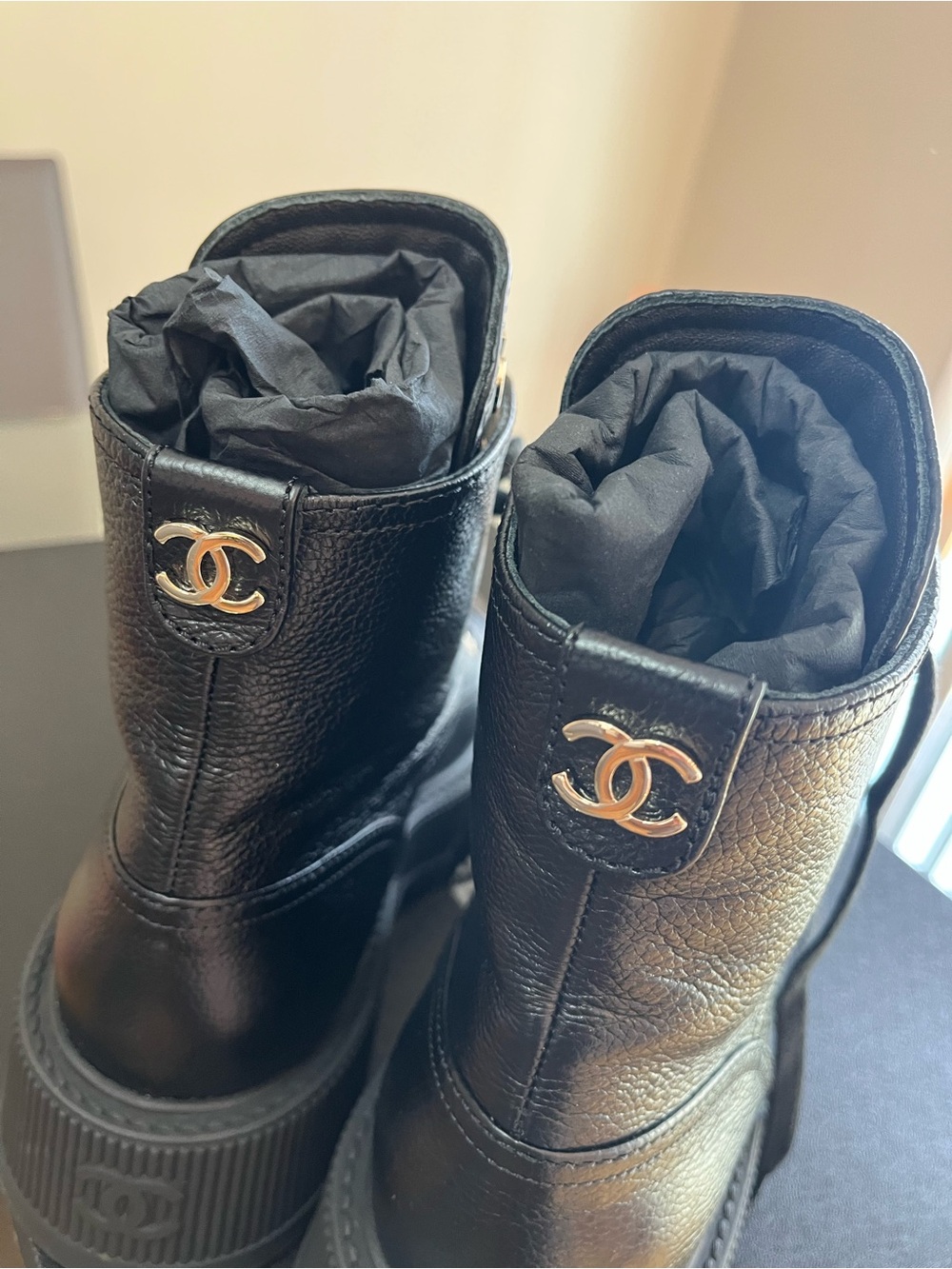 CHANEL Black Leather Lace-Up Platform Ankle Boots with Gold Logo - Picture 11 of 11